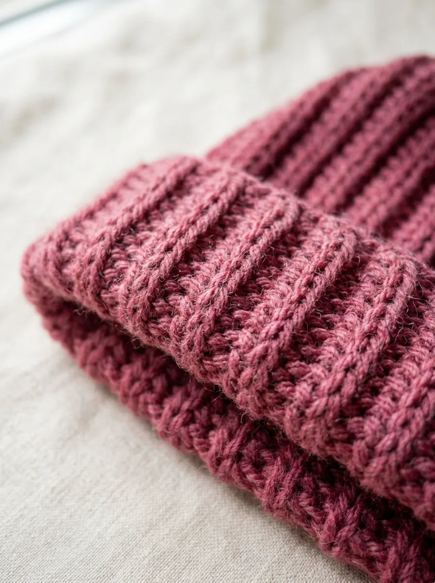 Front post and back post double crochet ribbing on the brim of a beanie.