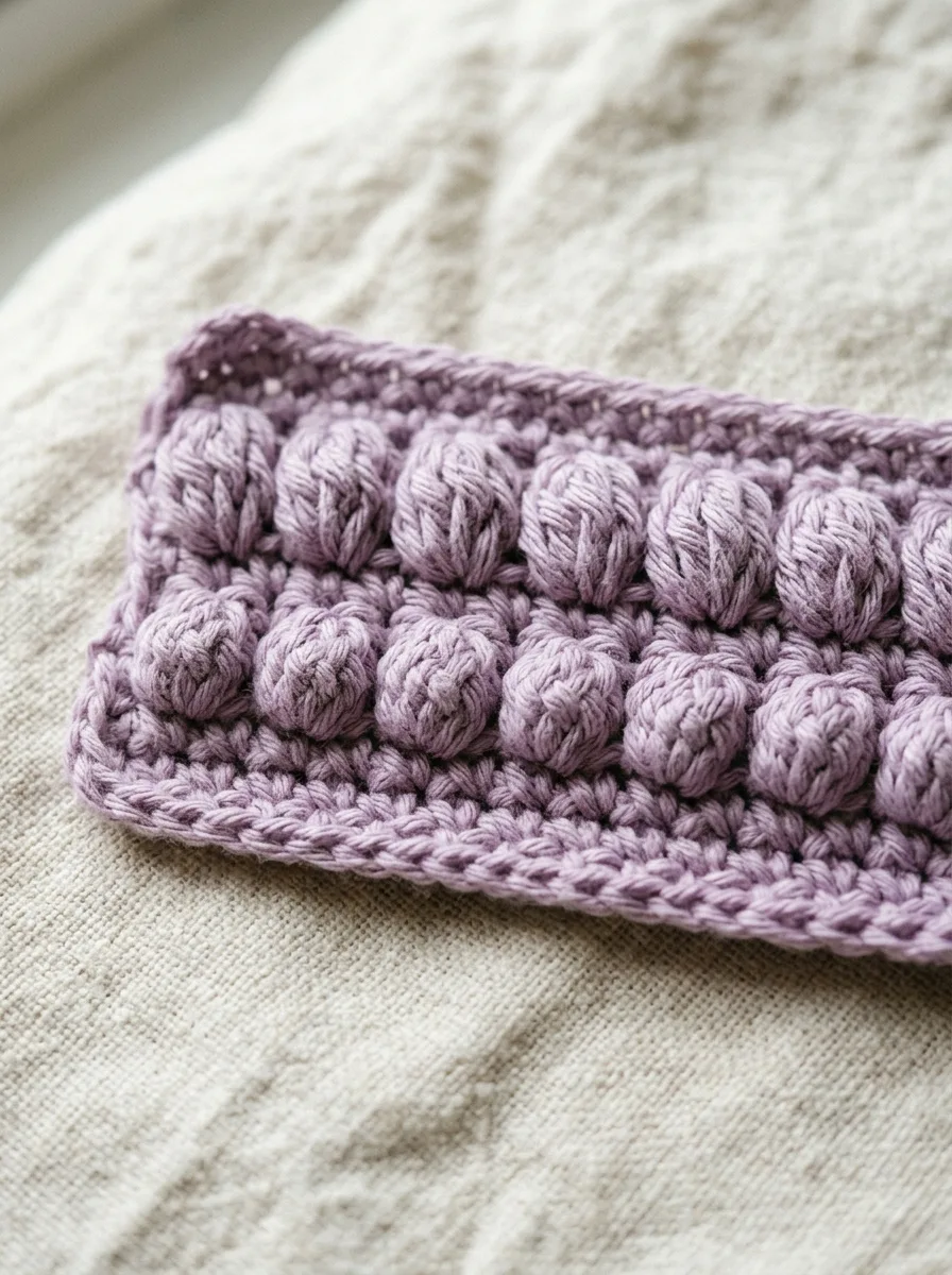 A row of plump puff stitches and a row of bobble stitches on a lilac swatch.