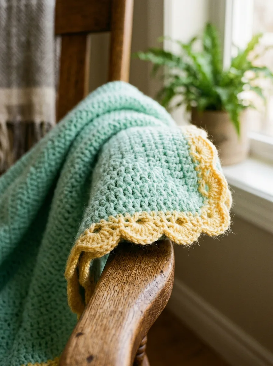 A scalloped shell stitch edge on a mint crochet blanket corner.