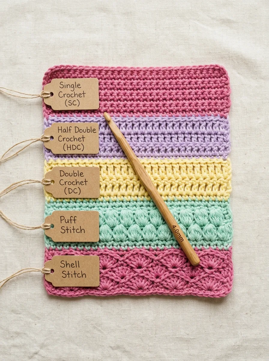 A crochet stitch sampler in soft pastel stripes showing rows of single, half double, double crochet, puff, and shell stitches, with a hook resting on top.
