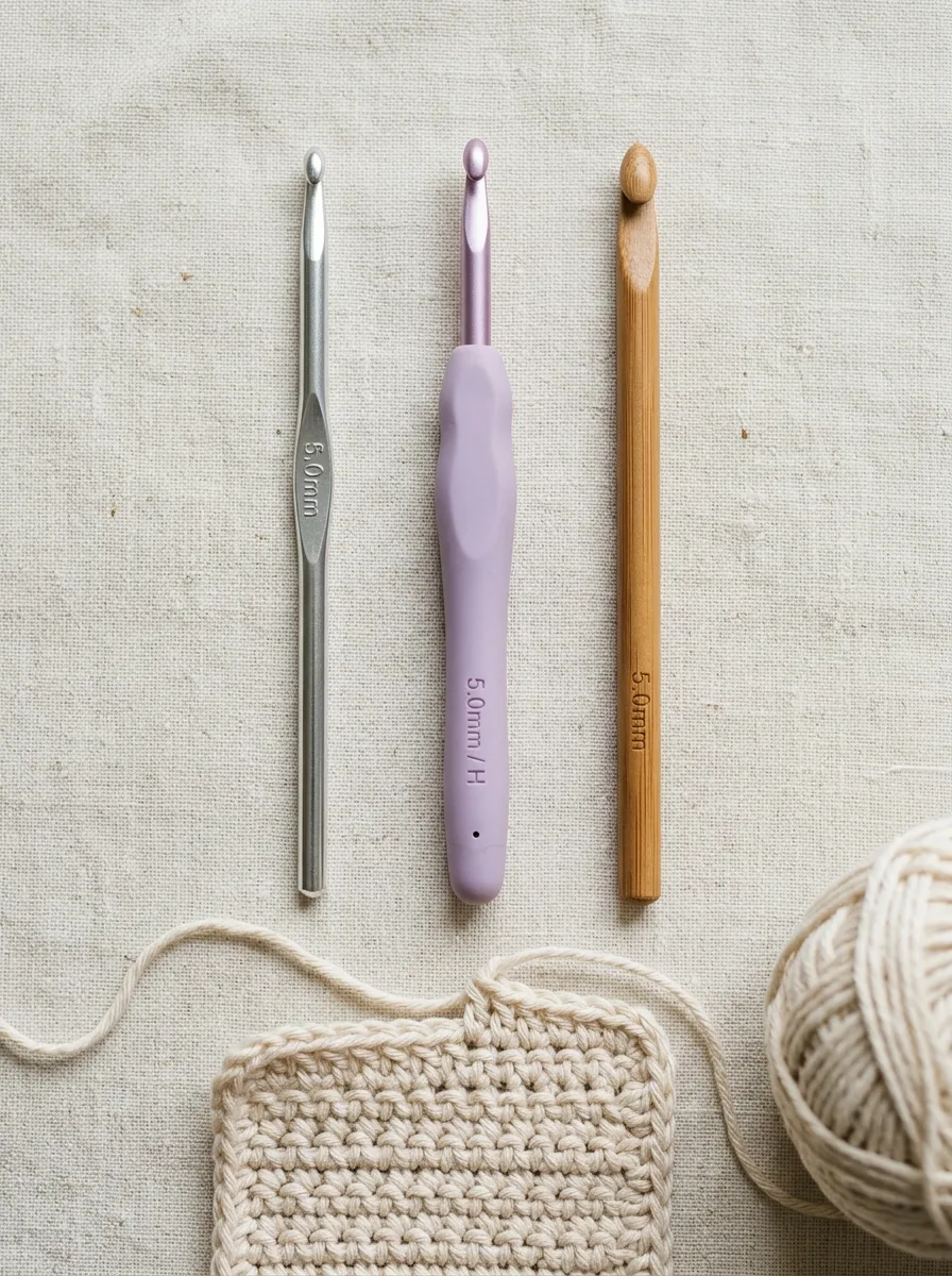 Three types of crochet hooks side by side: aluminium, ergonomic with a soft handle, and bamboo.