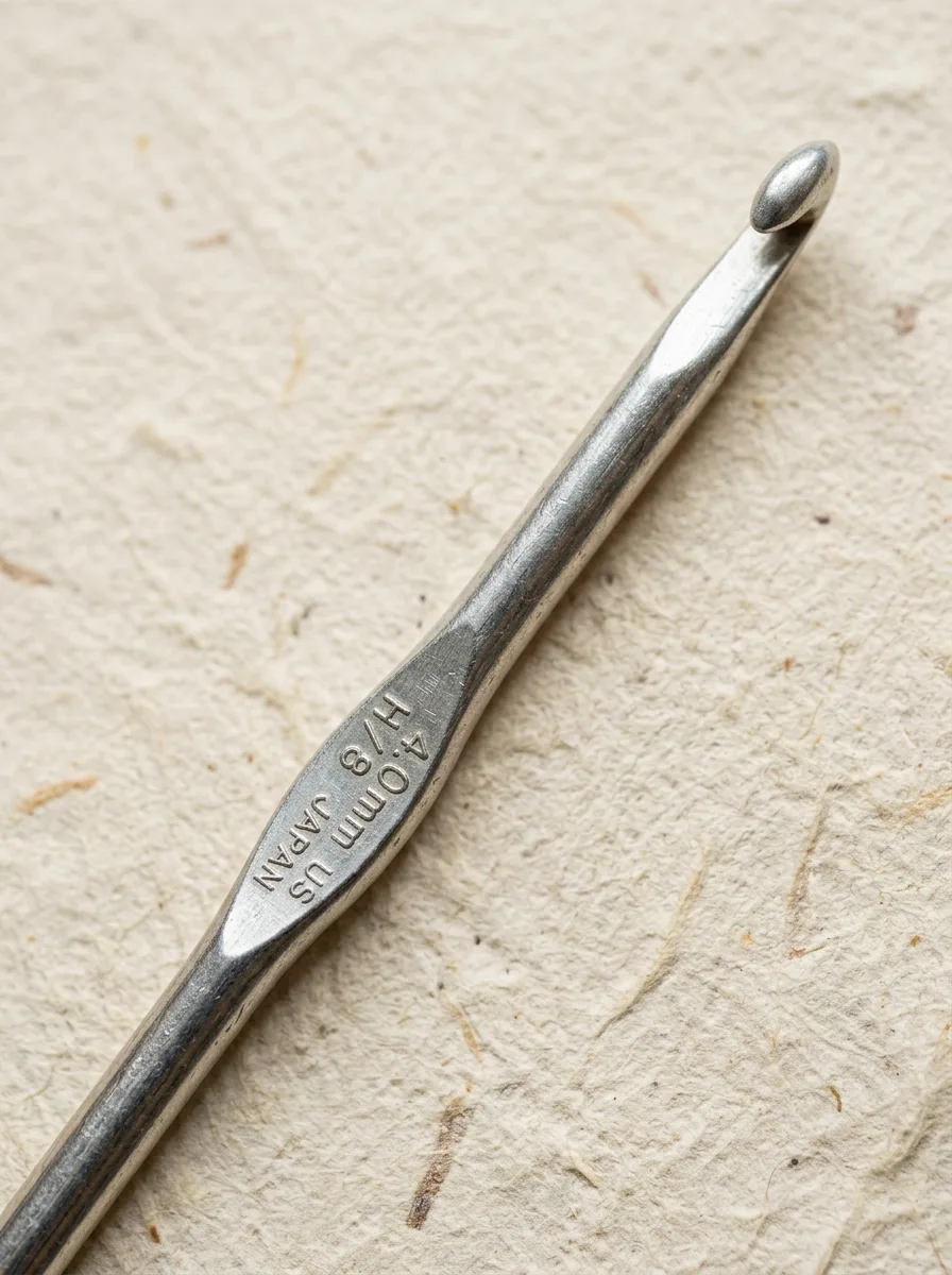 Close-up of the parts of a crochet hook: point, throat, shaft, thumb rest, and handle.
