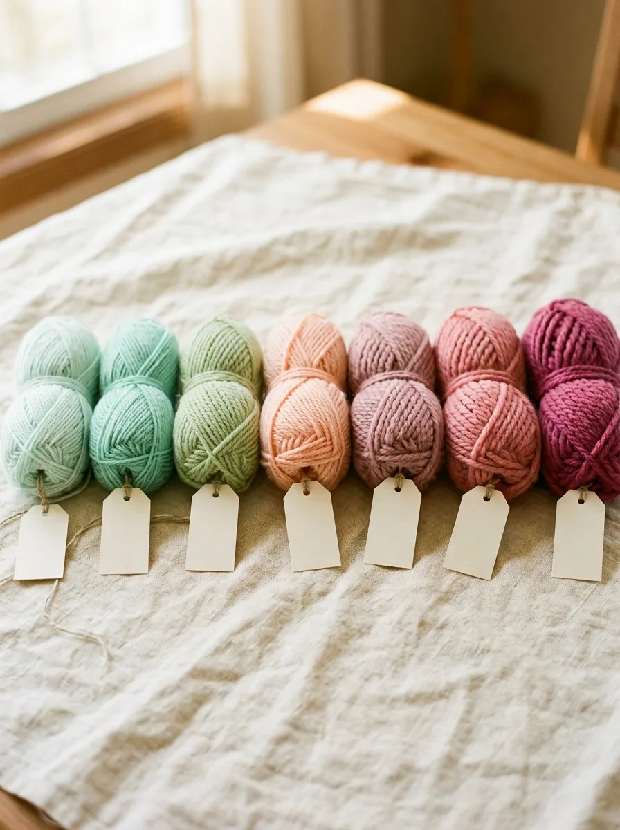 Yarn balls lined up from thinnest to thickest: lace, fingering, sport, DK, worsted, bulky, and super bulky.