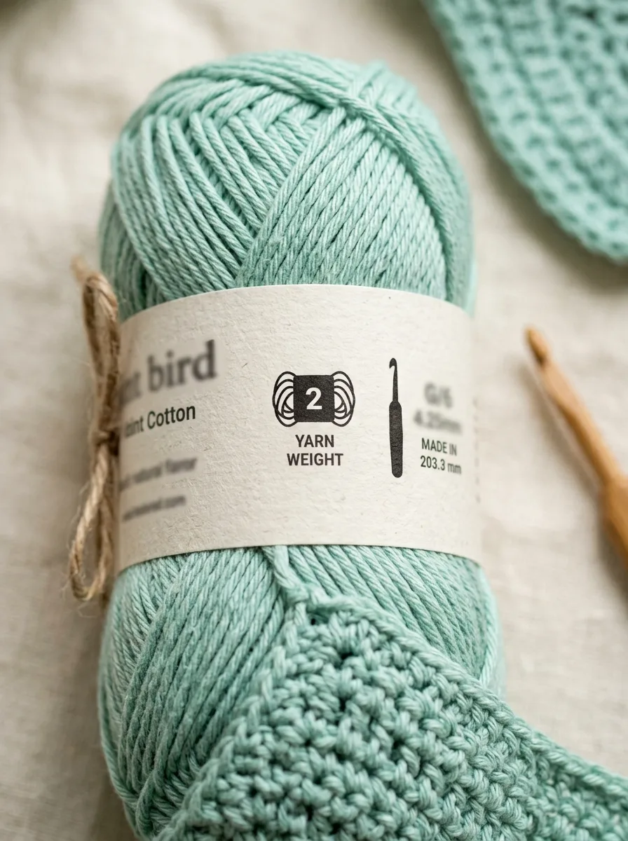 A yarn label close-up showing the weight symbol, recommended hook size, fiber content, and dye lot number.