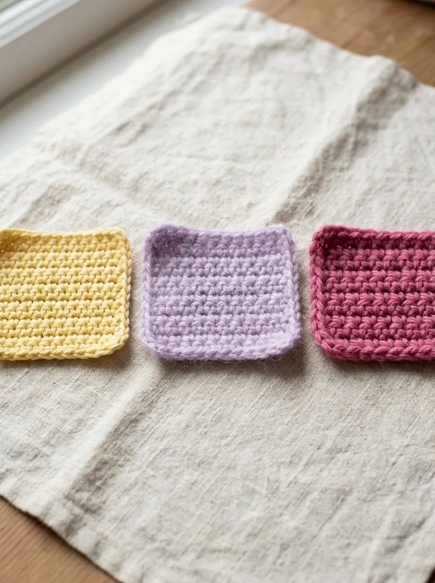 Three swatches in cotton, acrylic, and wool yarn showing different stitch definition and texture.