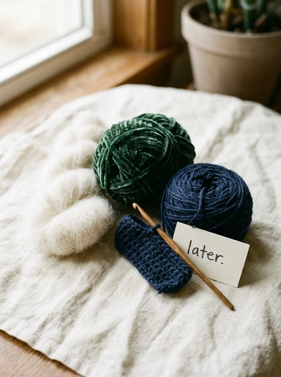 Fuzzy mohair, chenille, and dark navy yarn set aside as hard yarns for beginners.