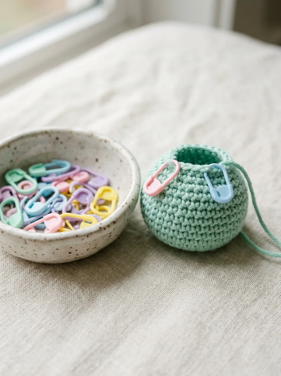 A dish of colorful locking stitch markers beside a crochet project with markers clipped at round starts.