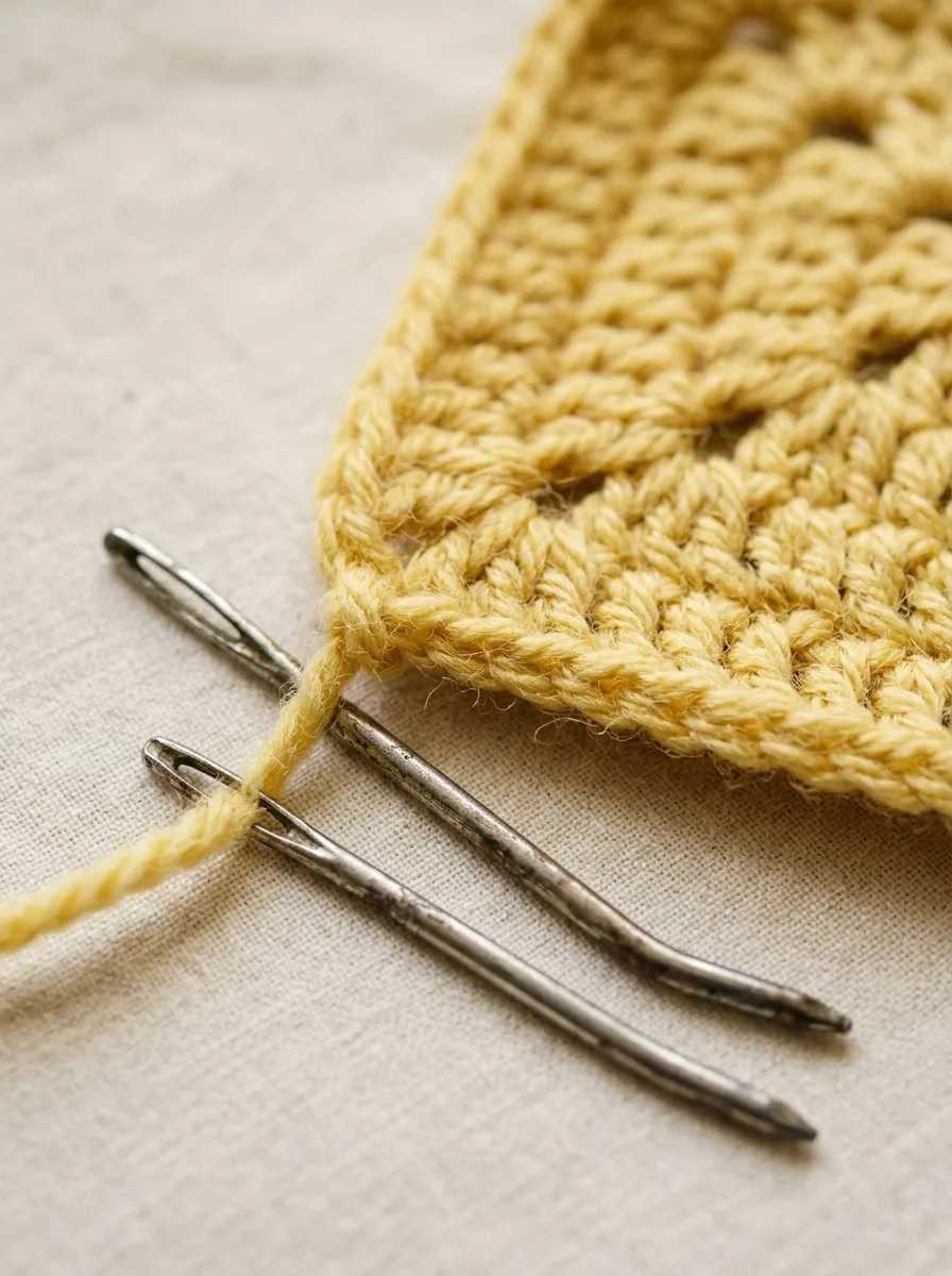 Blunt tapestry needles with bent tips next to a crochet square with a tail being woven in.