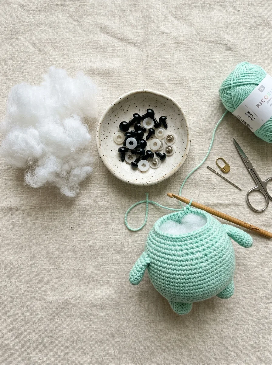 Polyester fiberfill stuffing and safety eyes laid out for amigurumi projects.
