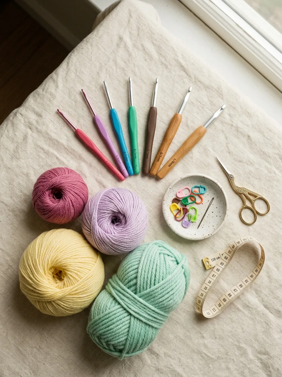A curated beginner crochet kit: a row of crochet hooks in graduated sizes, pastel yarn balls in different weights, stitch markers, scissors, and a tape measure.