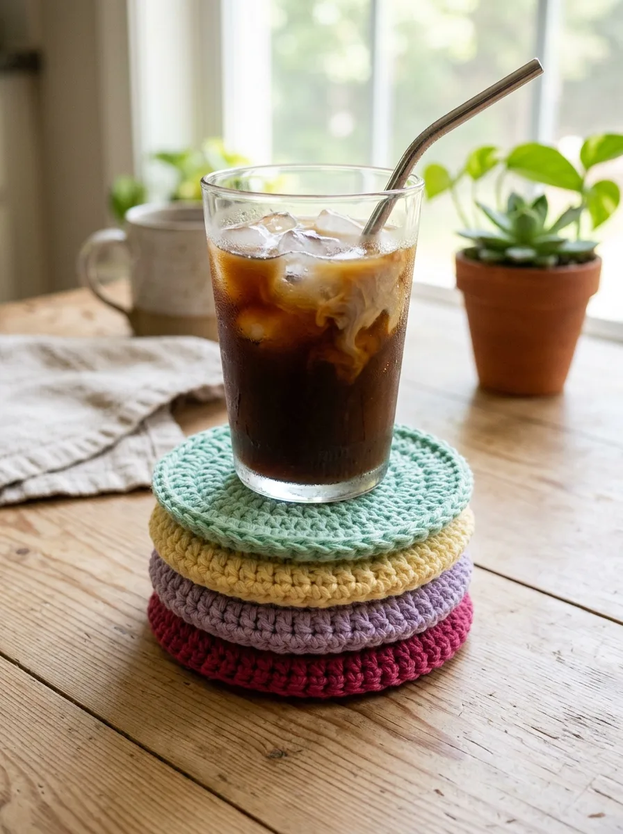 A stack of round cotton crochet coasters in pastel colors under a glass of iced coffee.