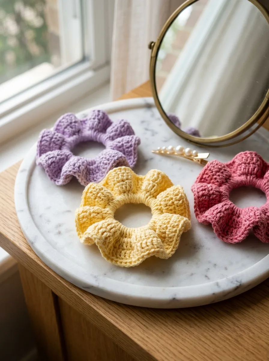 Three ruffled crochet scrunchies in lilac, butter yellow, and pink on a vanity tray.