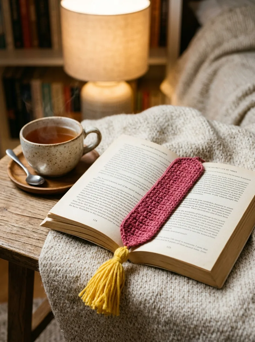 A crochet bookmark with a tassel tucked into an open paperback novel.