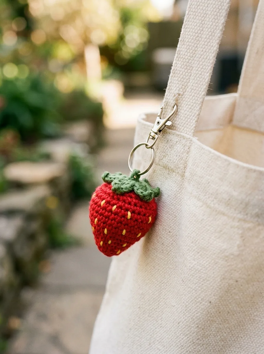 A red amigurumi strawberry keychain clipped to a canvas tote bag.