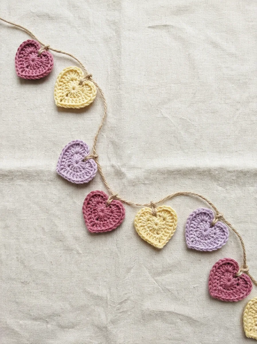 Small crochet hearts in pink and lilac scattered on a table as a garland.