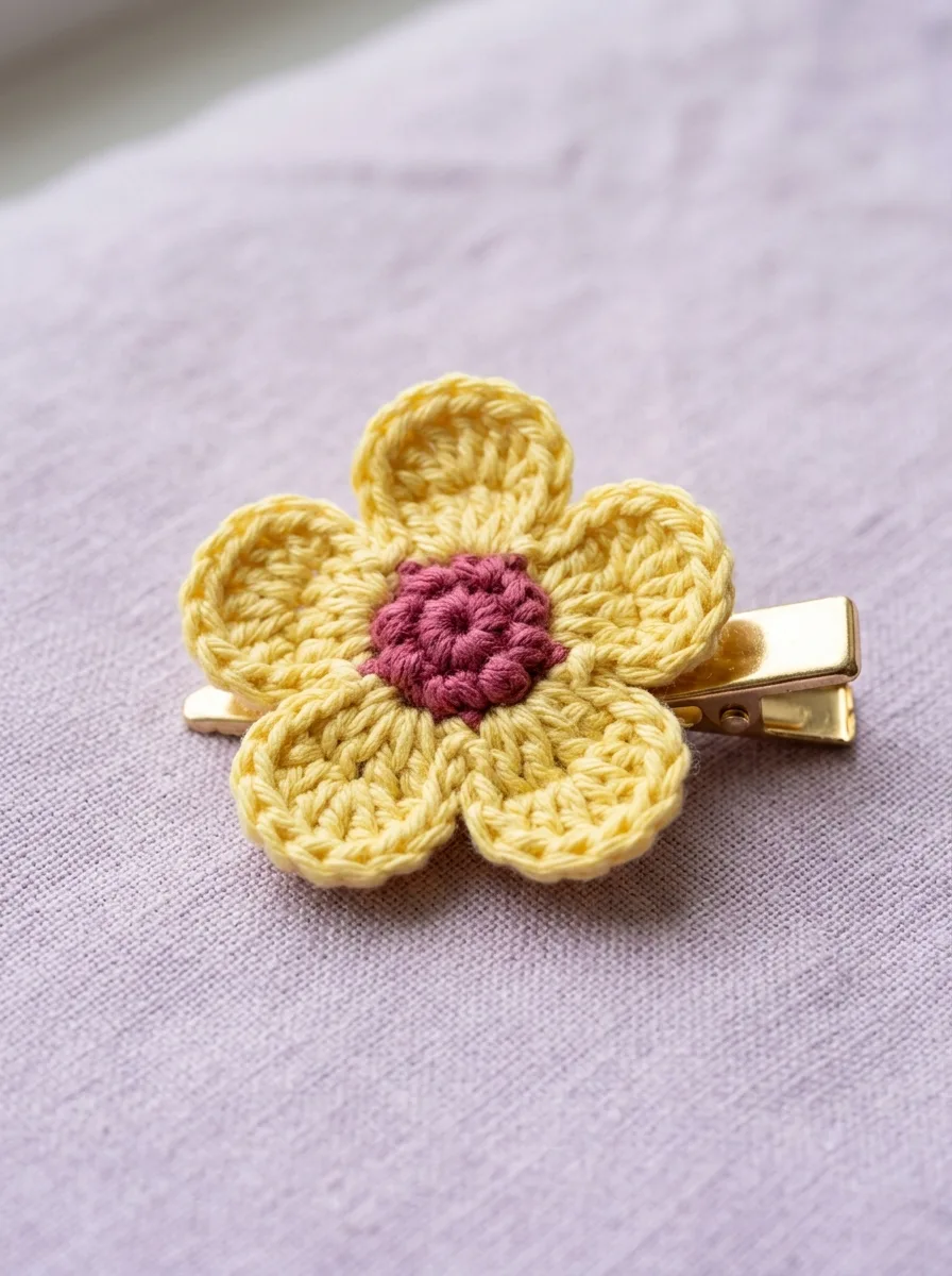 A single crochet five-petal flower clipped onto a hair clip.