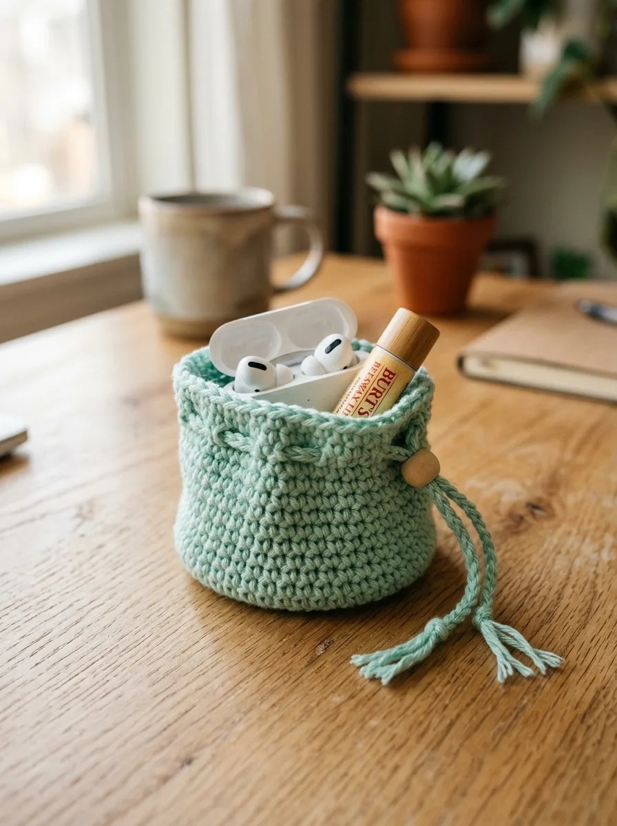 A small drawstring crochet pouch holding earbuds and lip balm.