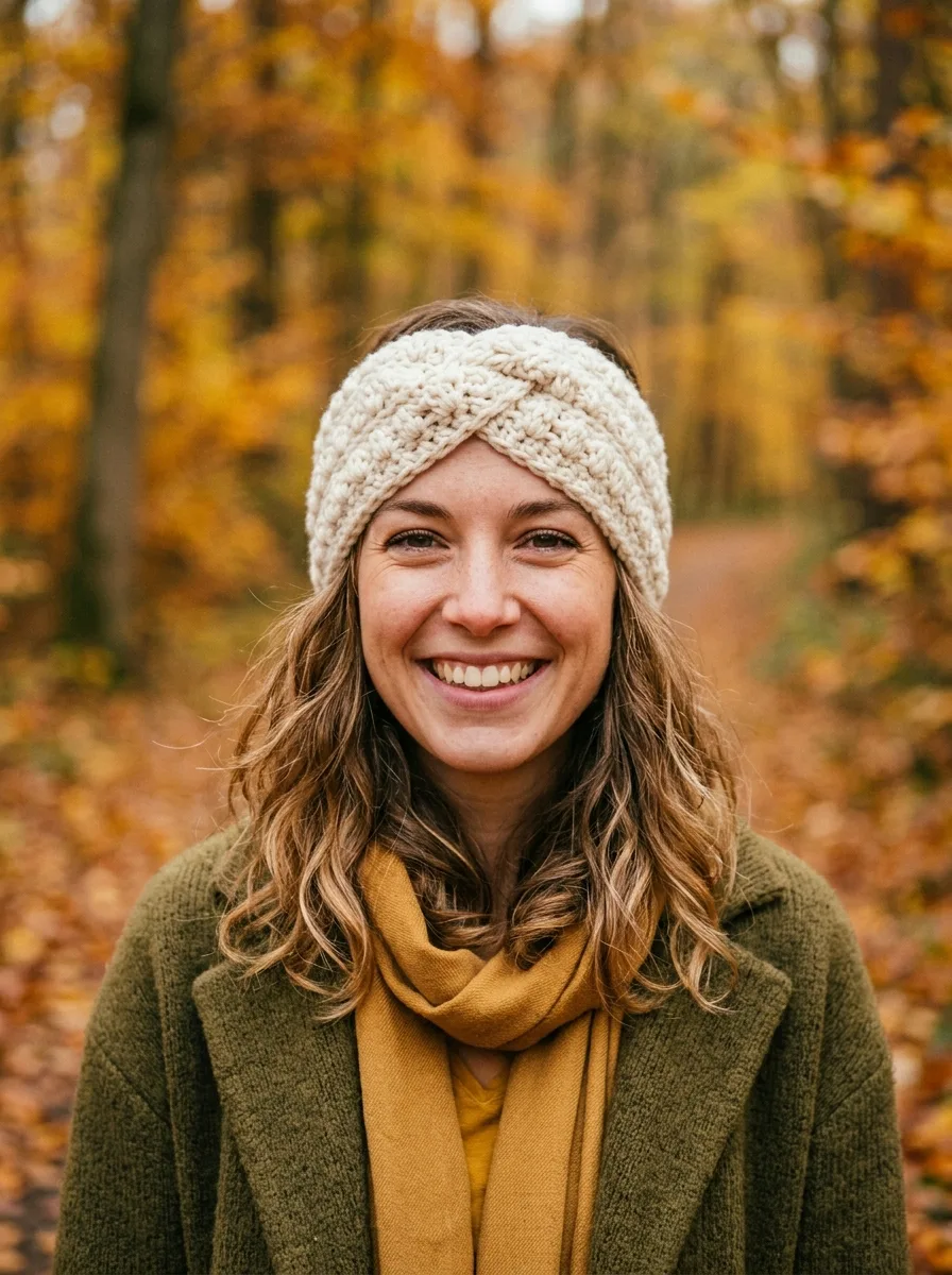 A chunky crochet headband ear warmer in cream yarn worn by a smiling woman outdoors.