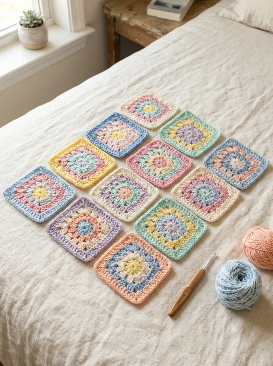 A row of colorful granny squares laid out on a bed like a blanket in progress.