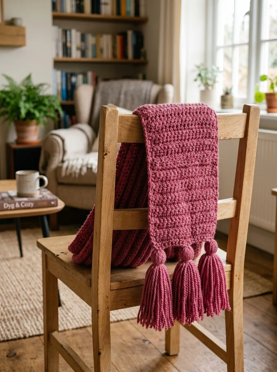 A chunky ribbed crochet scarf in berry pink draped over a chair.