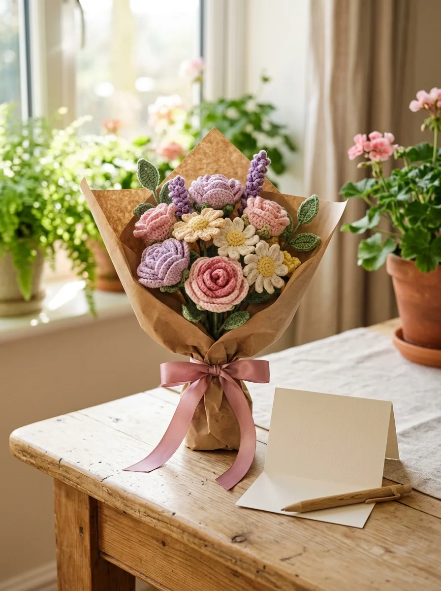 A crochet bouquet of pastel flowers wrapped in kraft paper next to a greeting card.