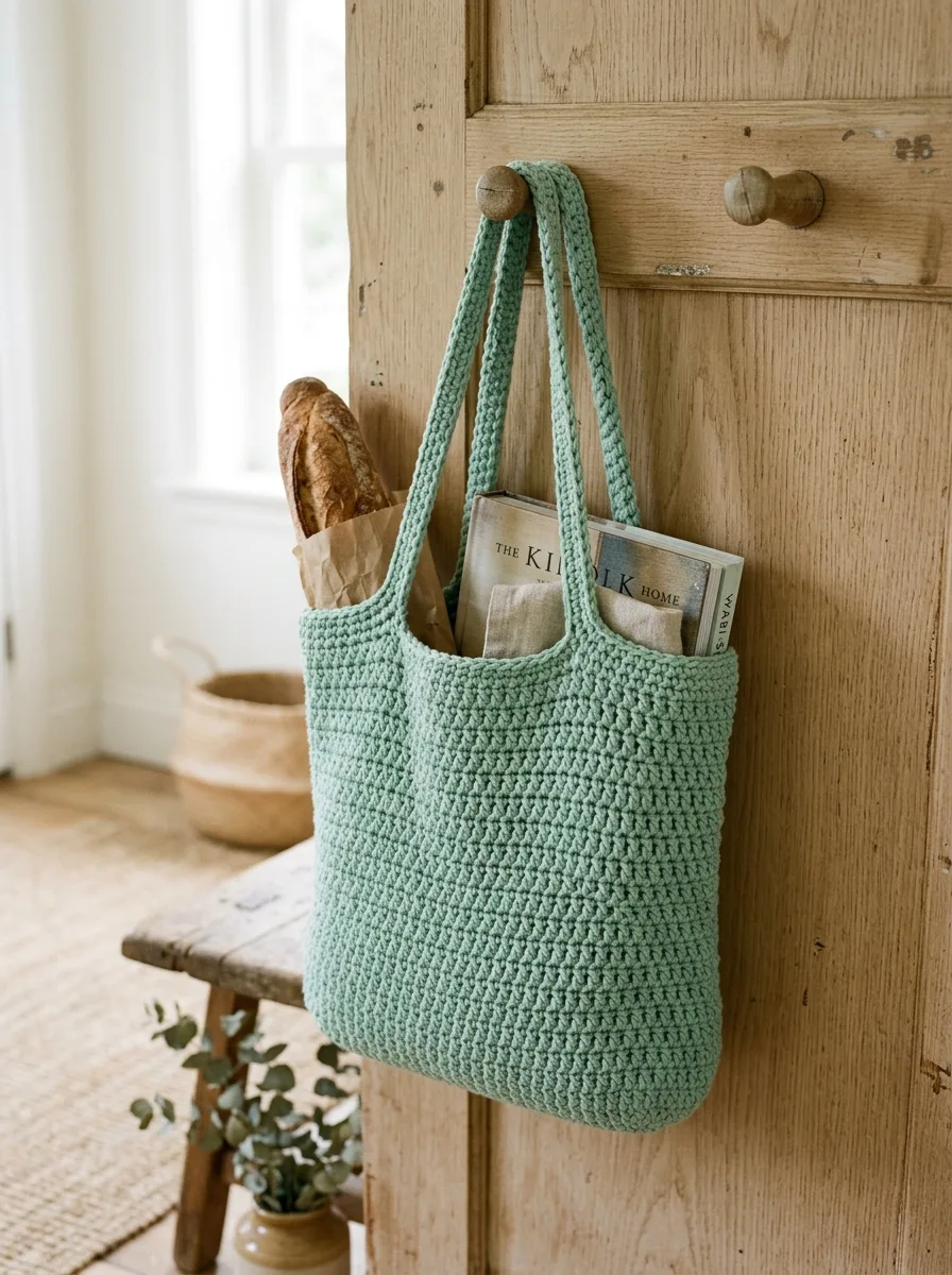 A simple crochet tote bag in mint cotton hanging on a wall hook.