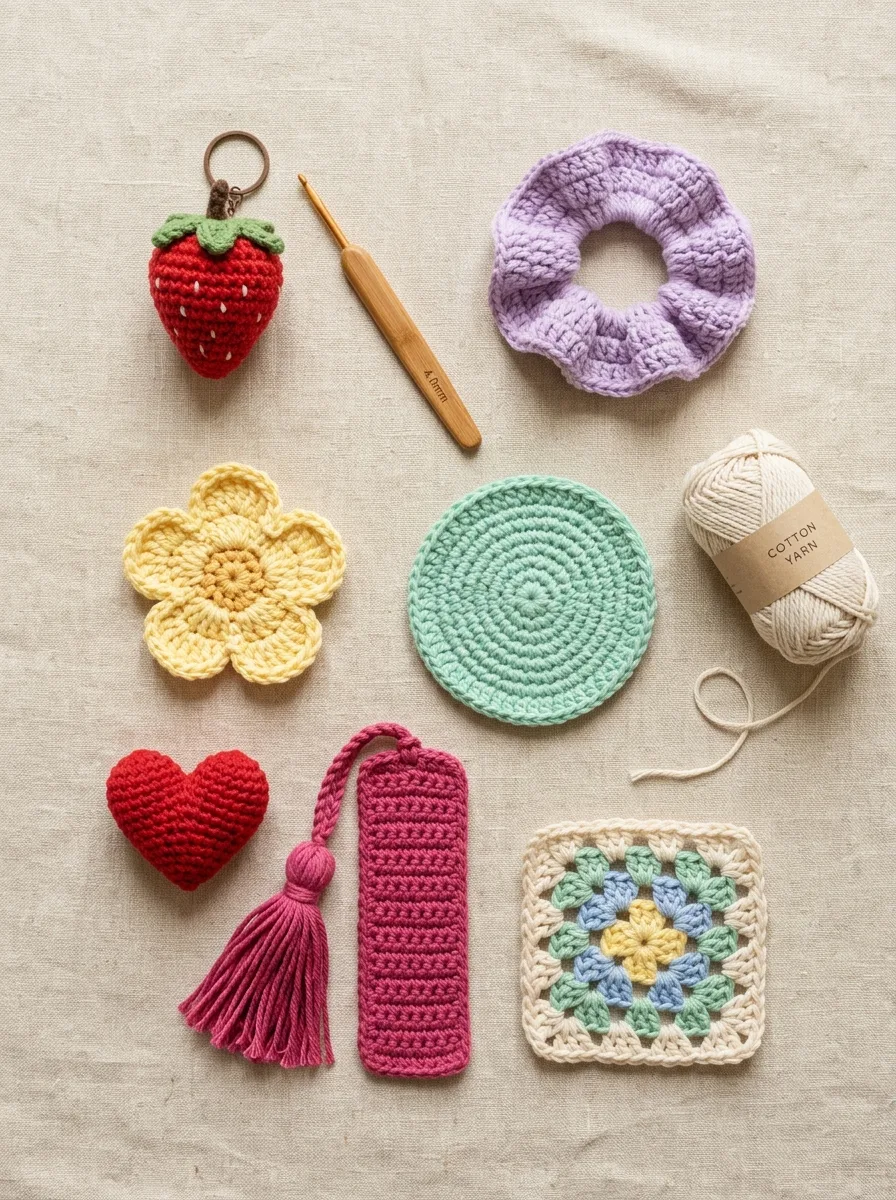 A cheerful flat lay of small beginner crochet projects: a strawberry keychain, a scrunchie, a flower, a round coaster, a bookmark, and a mini granny square in pastel colors.