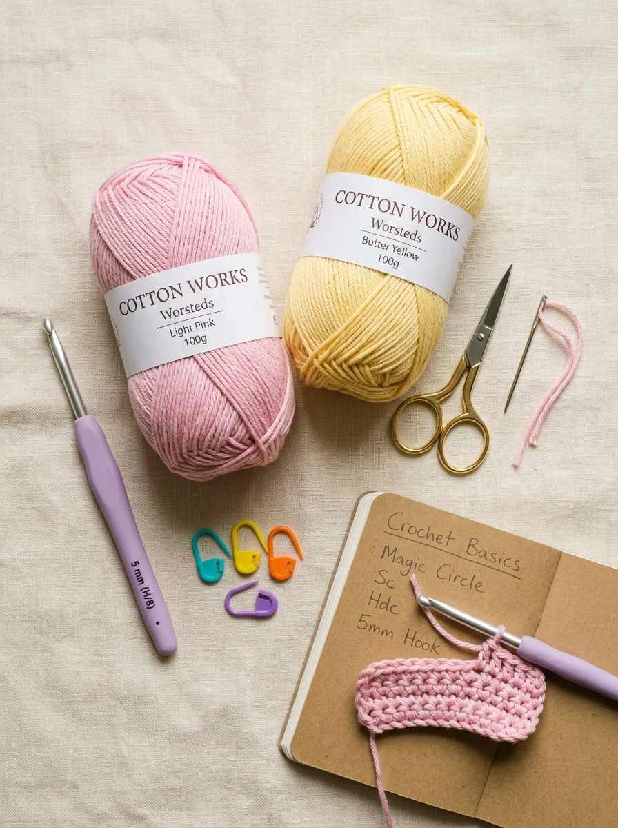 Beginner crochet starter kit laid out on a cream table: a 5 mm hook, two balls of light-colored worsted cotton yarn, scissors, a tapestry needle, and stitch markers.