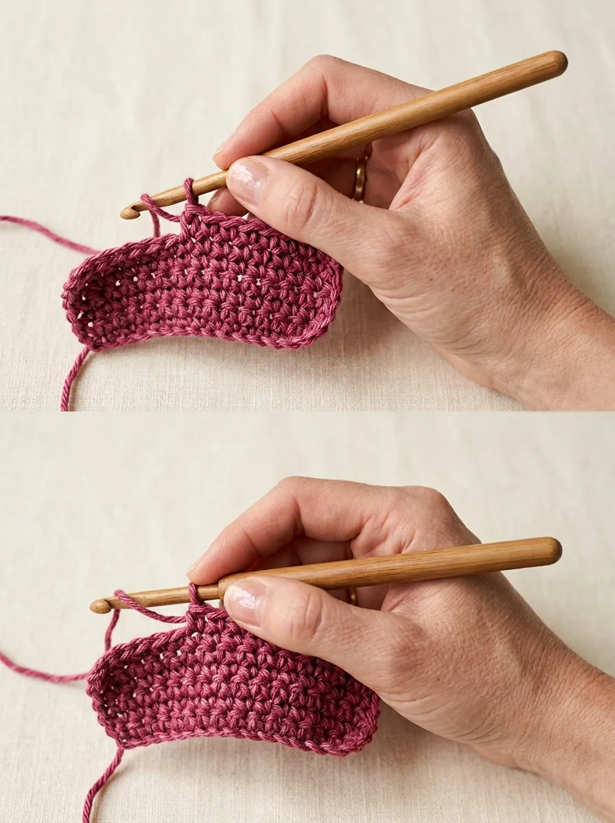 Side-by-side close-up of the two ways to hold a crochet hook: the pencil grip and the knife grip.
