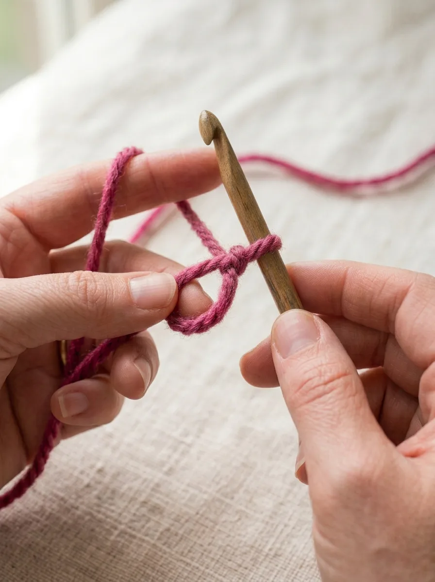 Hands forming a slip knot in pink yarn and placing the loop onto a crochet hook.