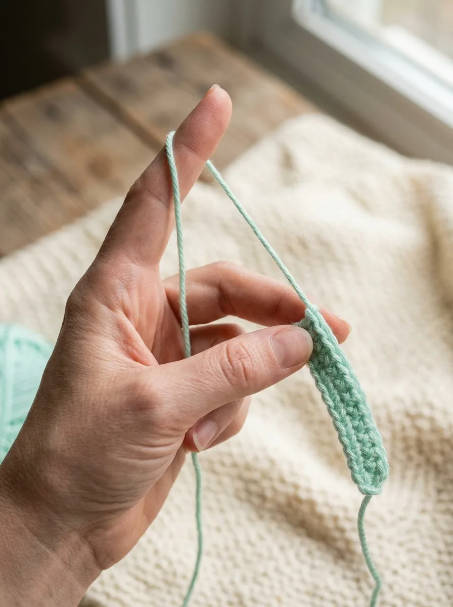 Left hand tensioning yarn by wrapping it around the pinky and over the index finger while holding the work.