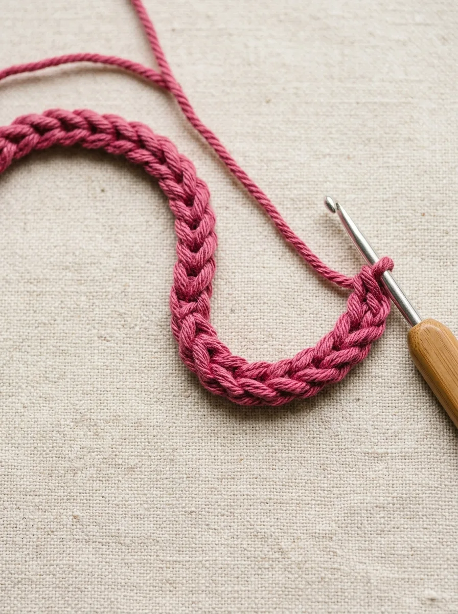 An even foundation chain of about twenty stitches in pink cotton yarn lying on a table beside the hook.