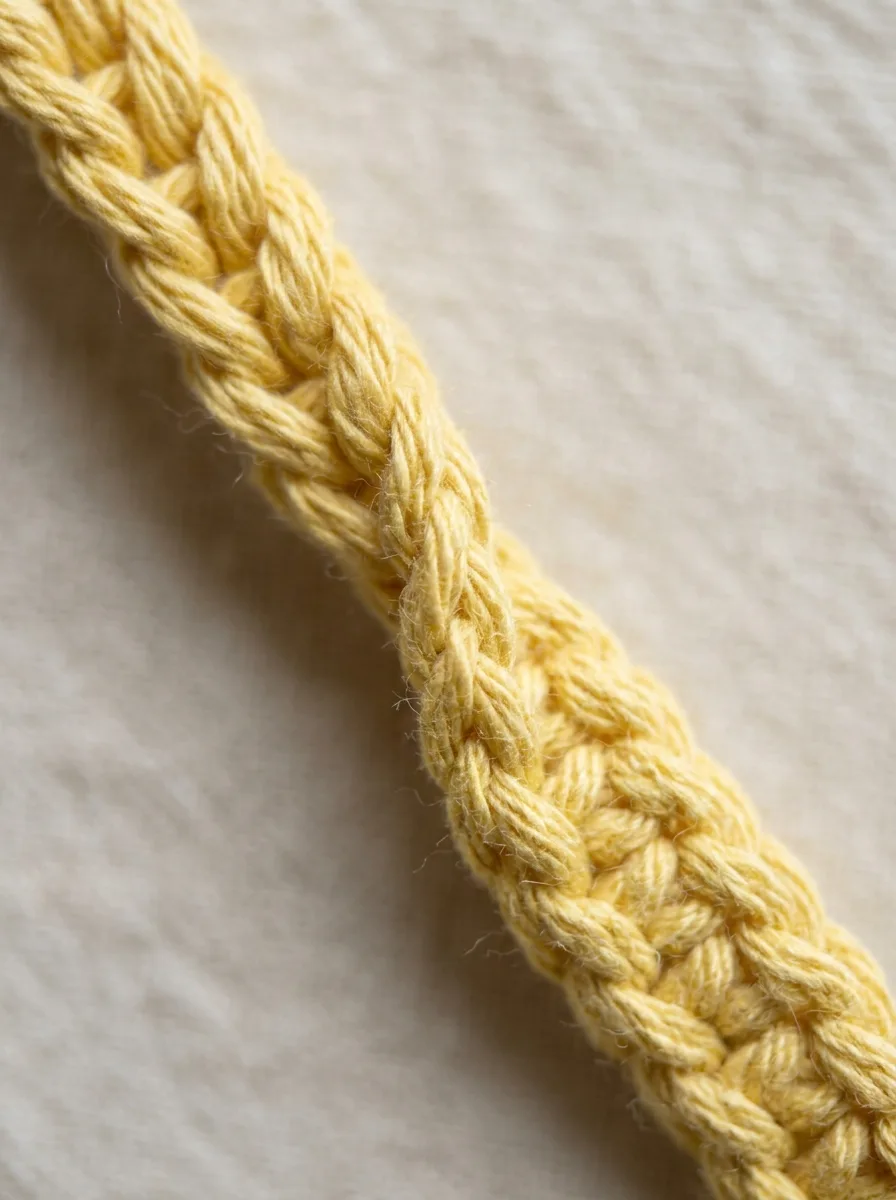 Extreme close-up of a crochet chain showing the front V side and the bumpy back side.