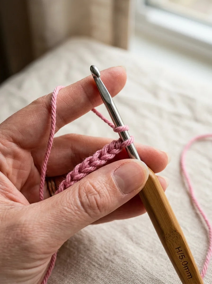 Crochet hook inserted into the second chain from the hook, with two loops on the hook, mid single crochet.