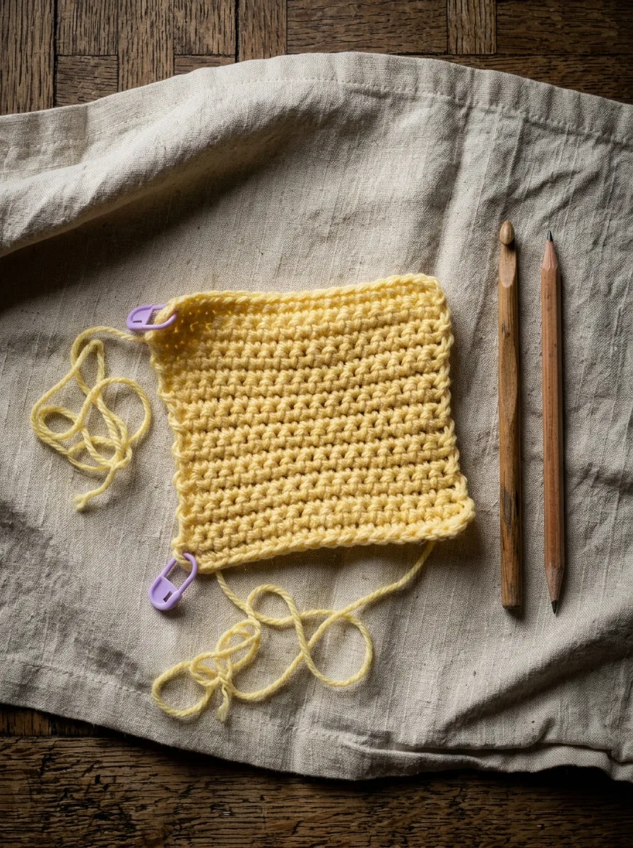 A beginner's single crochet practice swatch with slightly wavy edges and a stitch marker in the first stitch.
