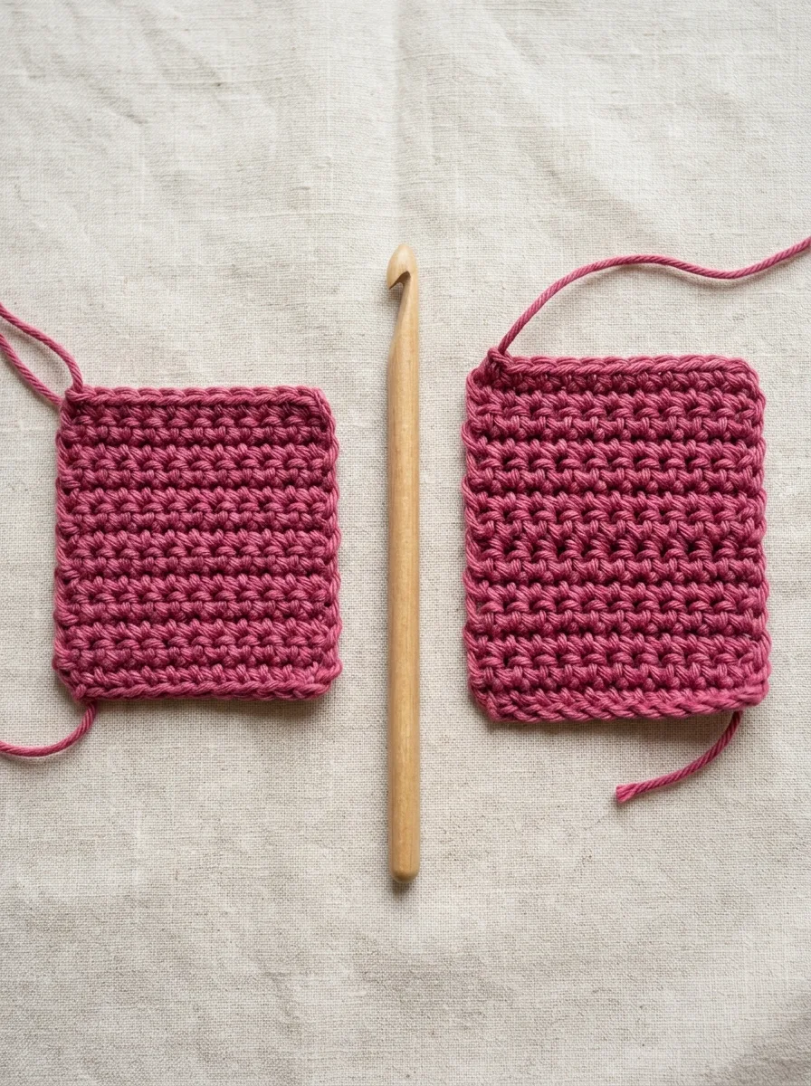 Comparison of a tight crochet swatch and a relaxed, even crochet swatch made with the same yarn and hook.