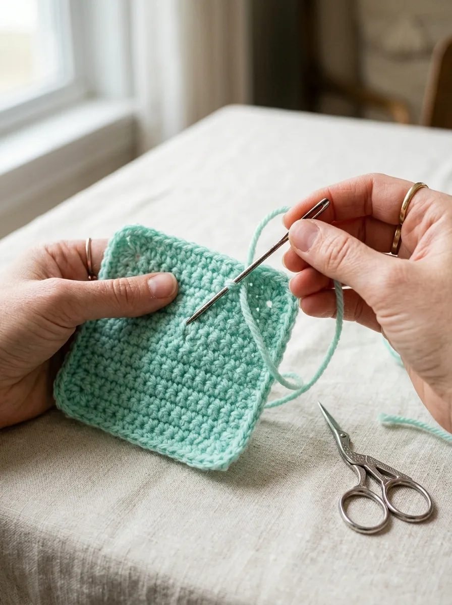 Hands threading a yarn tail onto a blunt tapestry needle to weave in the end of a finished crochet square.