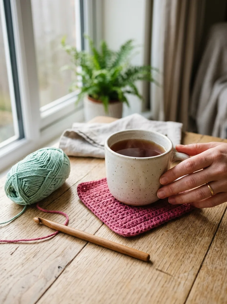 A finished single crochet practice square used as a coaster under a mug of tea.
