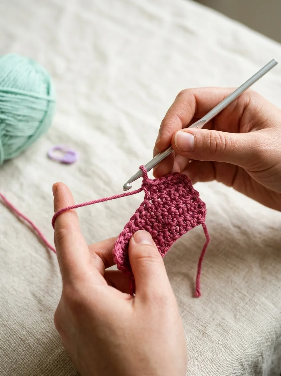 Beginner's hands holding a 5 mm crochet hook and a strand of berry-pink cotton yarn, working the first row of single crochet on a small practice swatch.