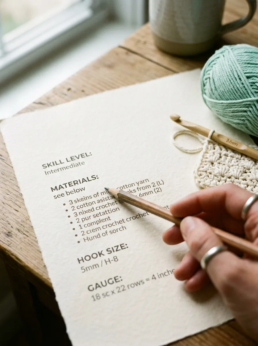 The top section of a crochet pattern listing skill level, yarn weight, hook size, gauge, and finished size.