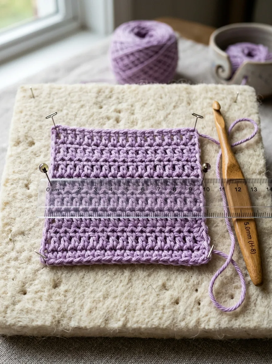 A gauge swatch of double crochet measured with a ruler and pins marking 10 cm.