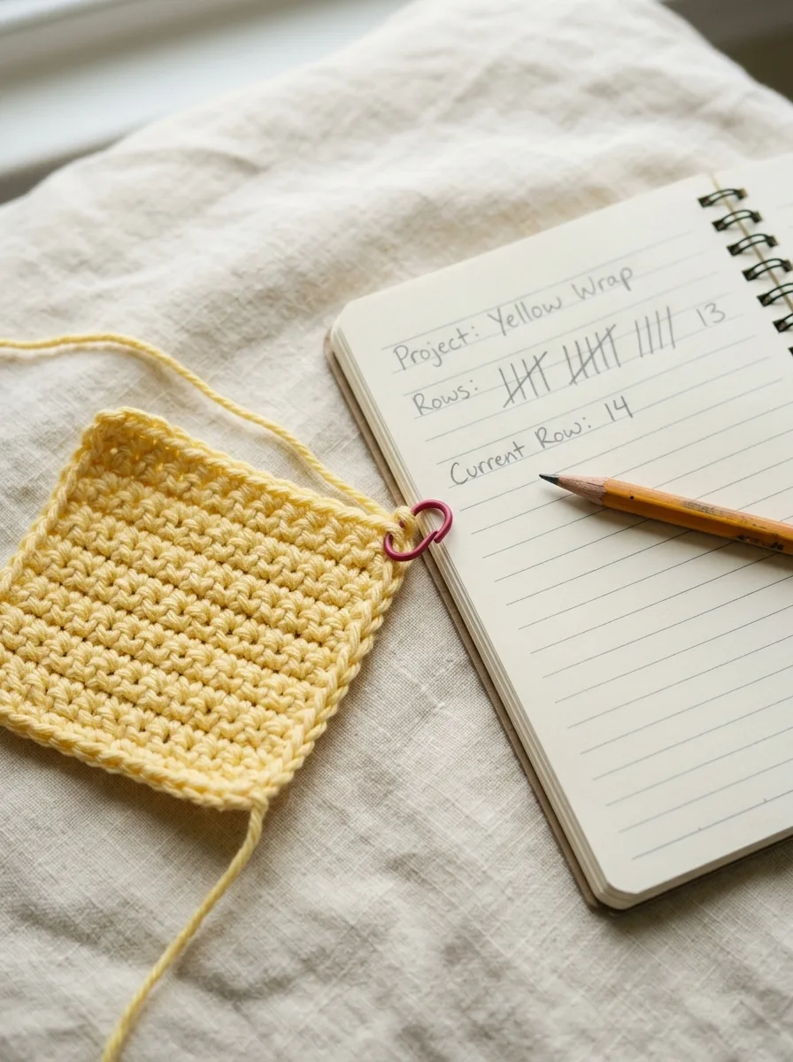 A crochet swatch with a stitch marker at the end of a row next to a notebook showing the stitch count 20 in parentheses.