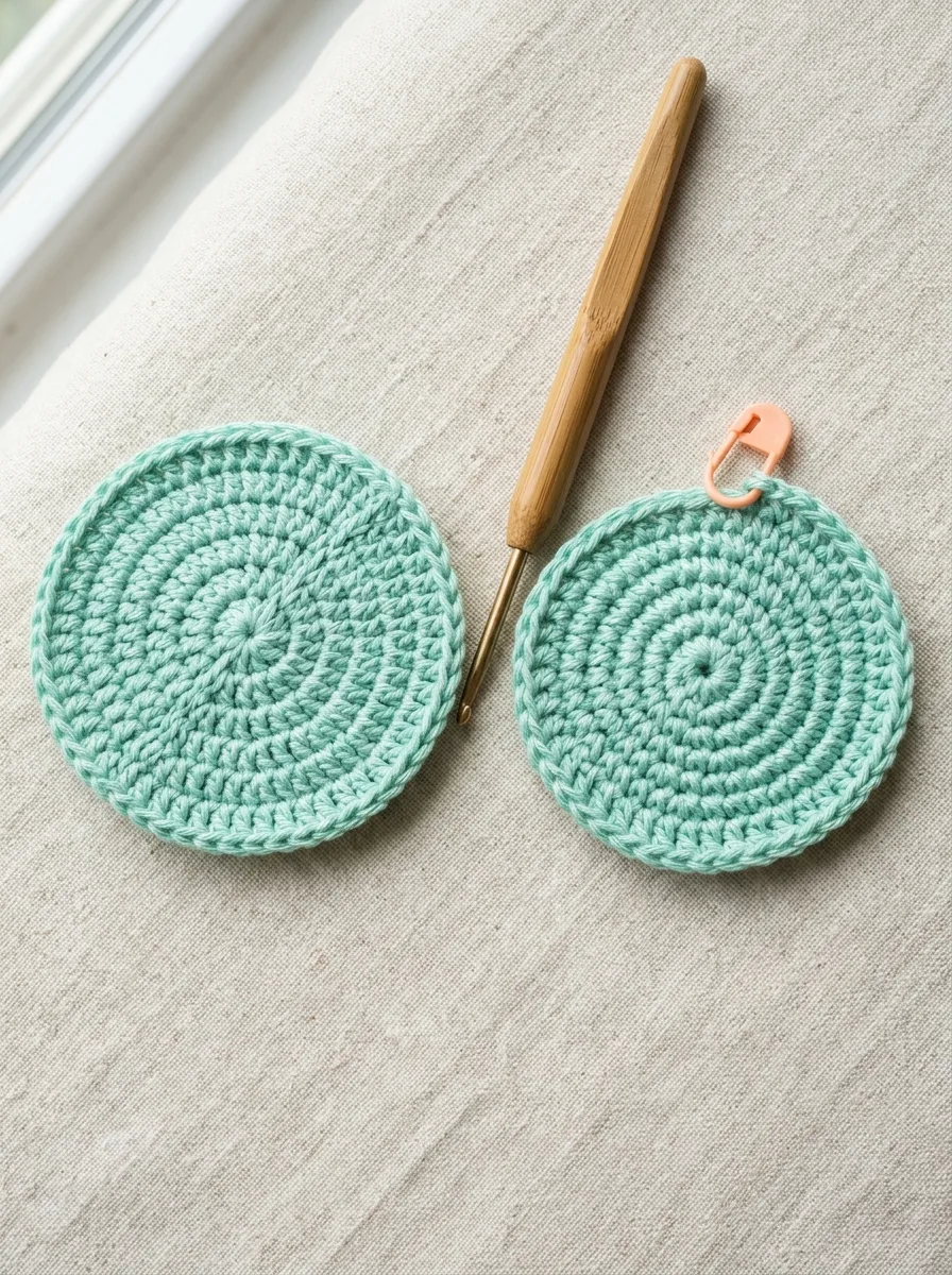 A crochet project worked in joined rounds beside one worked in a continuous spiral.