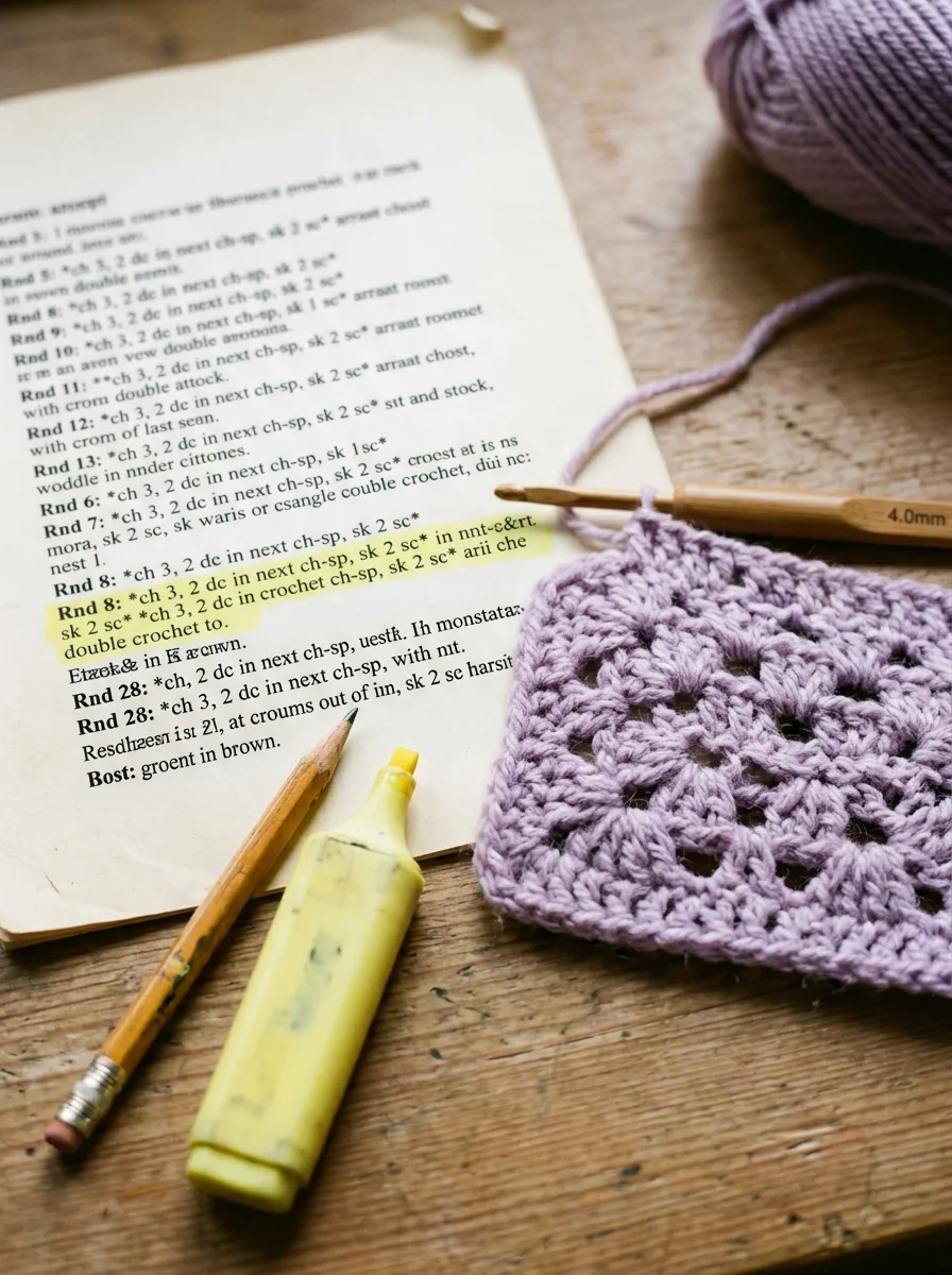 A crochet pattern line with a repeat section highlighted in yellow and the matching stitches on the work.