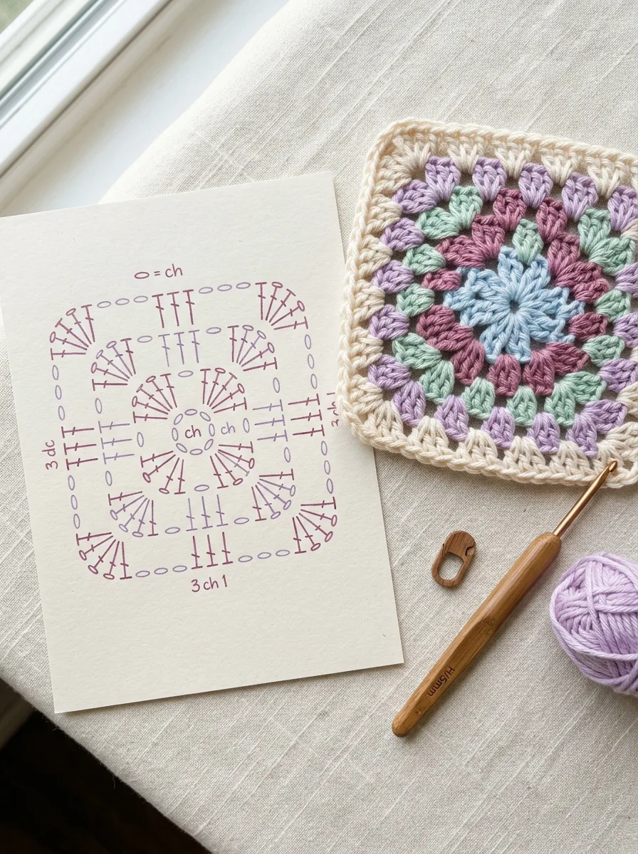 A crochet symbol chart for a granny square with dots, T-shapes, and ovals, next to the finished square.