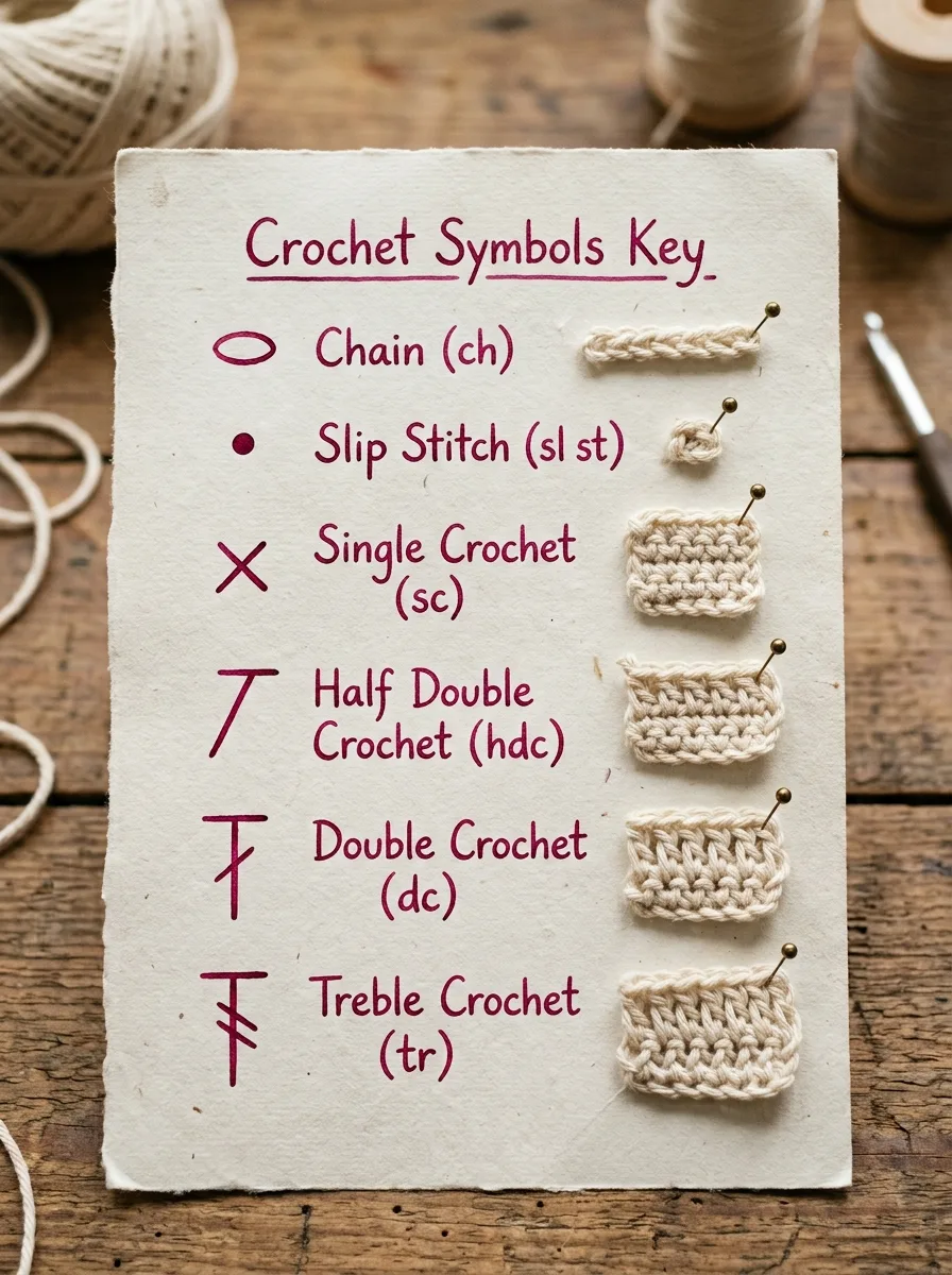 Close-up of crochet chart symbols for single, half double, double, and treble crochet drawn next to the real stitches.