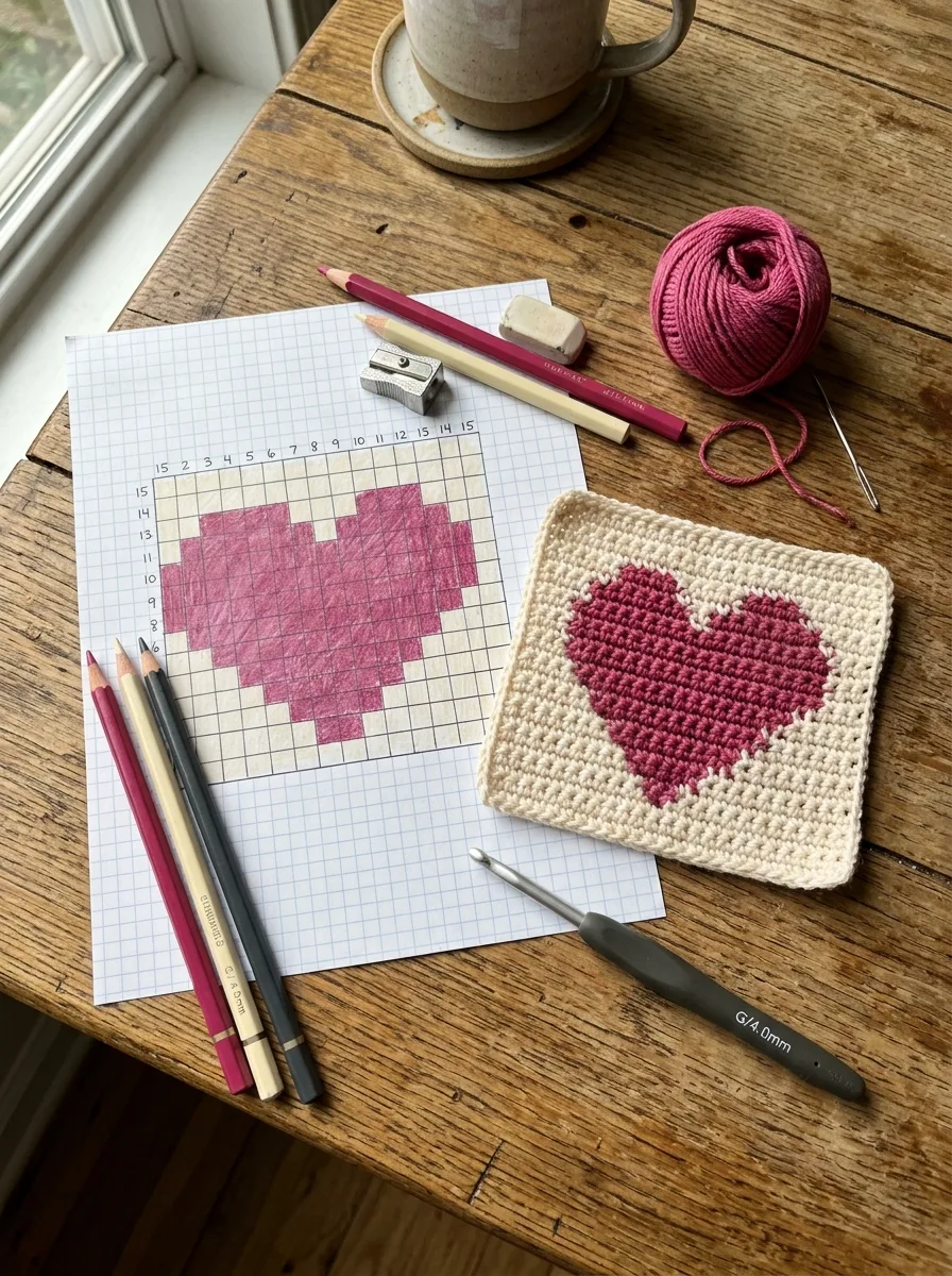 A pixel grid chart of a heart on graph paper beside a tapestry crochet heart worked in pink and cream.