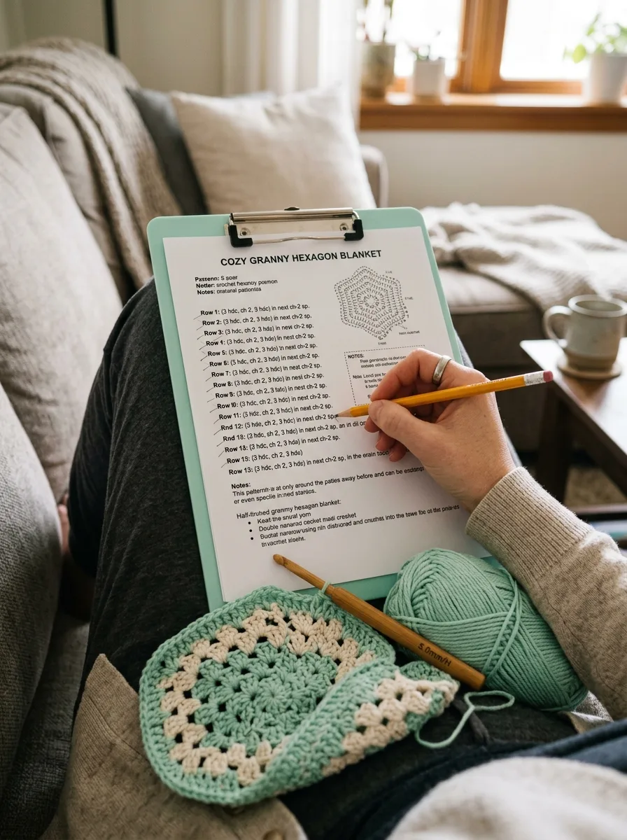 A printed pattern on a clipboard with rows being crossed off in pencil as a crochet project grows.