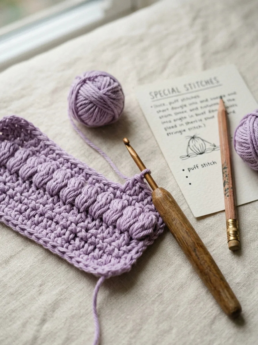 A crochet pattern's special stitch section with a close-up of a puff stitch.
