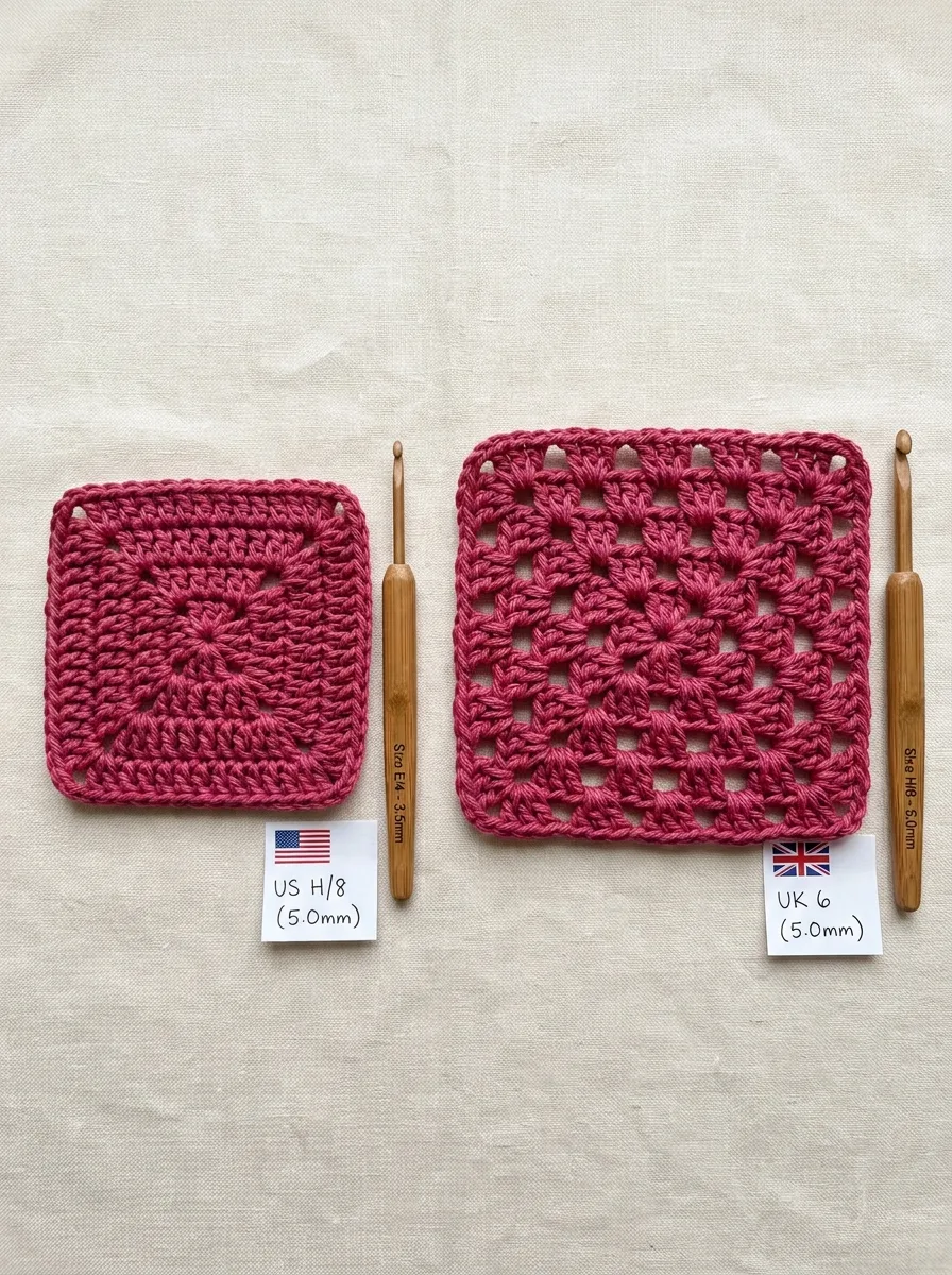Two versions of the same crochet square, one using US terms and one mistakenly worked in UK terms, showing different sizes.